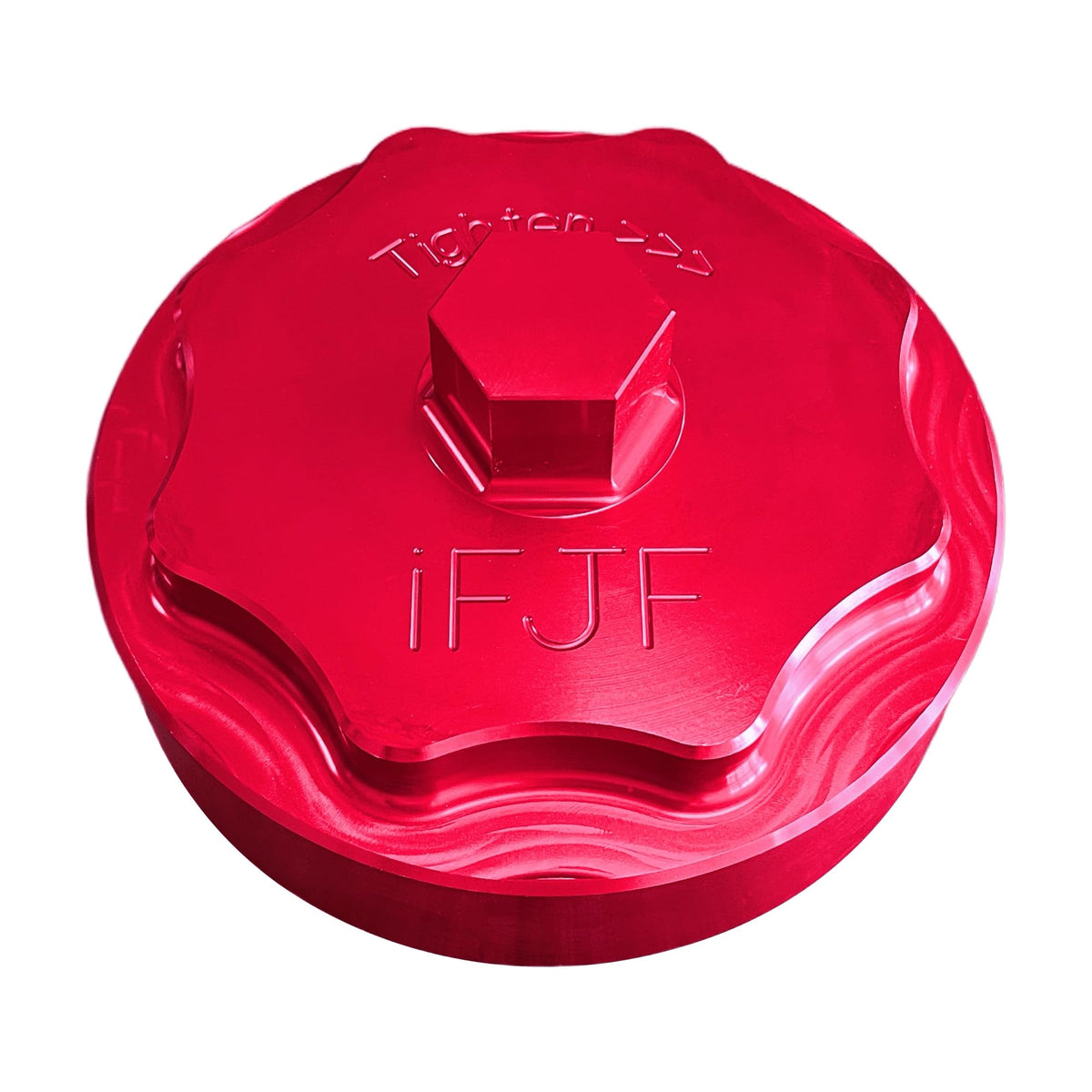 iFJF fuel filter cap front view showing durable aluminum construction and improved appearance