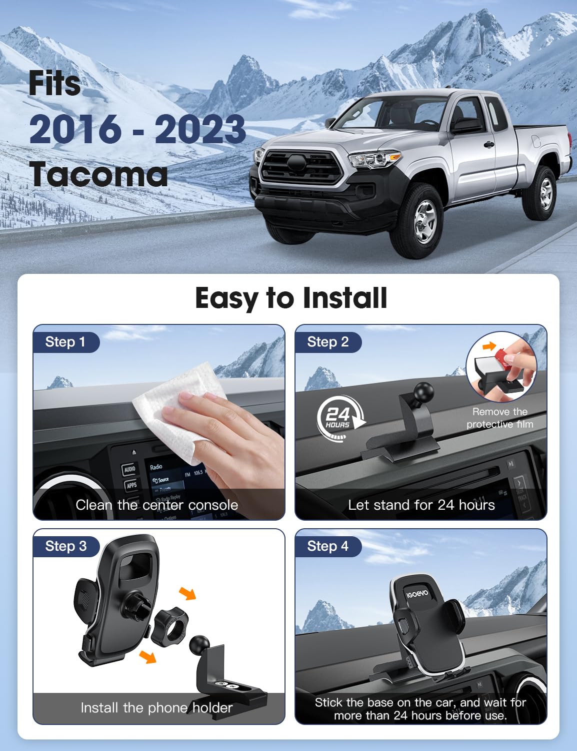 iGoevo adhesive strip and cleaning cloth included for secure installation