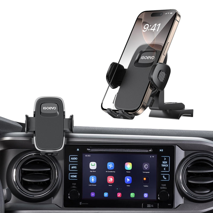 iGoevo front view mounted on Tacoma dashboard shows secure placement