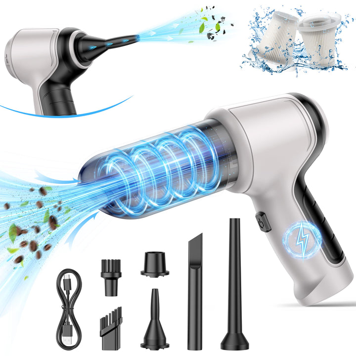 IHE car vacuum front view showing sleek compact design and quick cleaning benefit