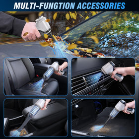 IHE vacuum in use cleaning a car seat crevice to remove crumbs and pet hair efficiently