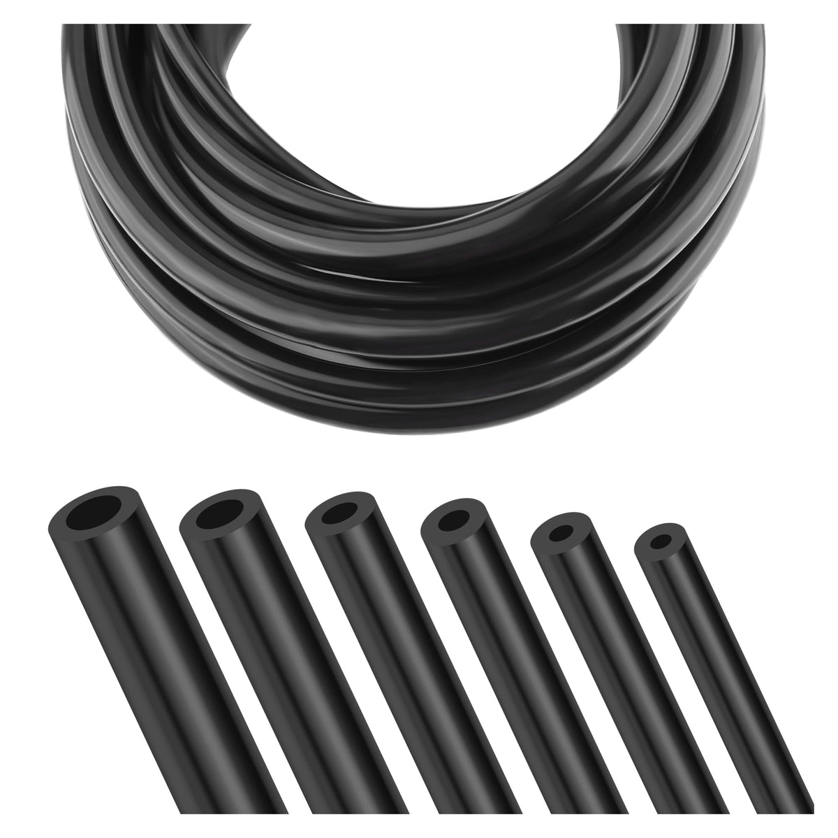 IHOTDER front view of six silicone vacuum hoses showing included sizes and benefit of variety