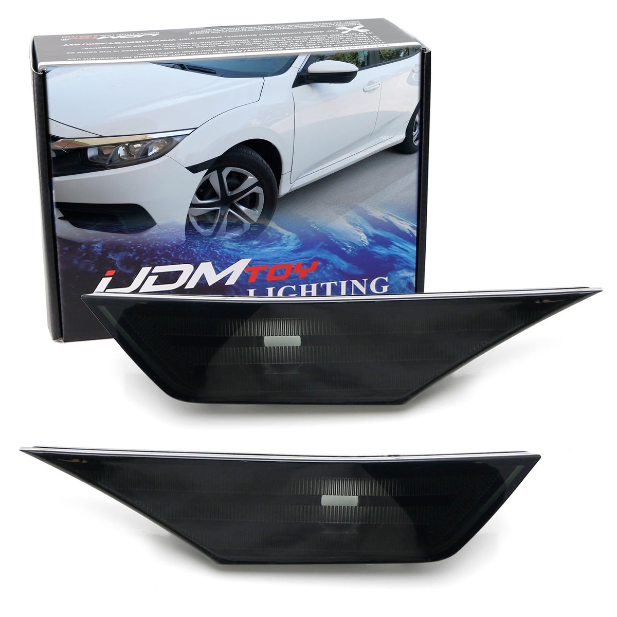 iJDMTOY assembled front bumper side markers showing sleek smoked look and improved style