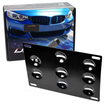 iJDMTOY front package mounted on BMW showing sleek offset plate