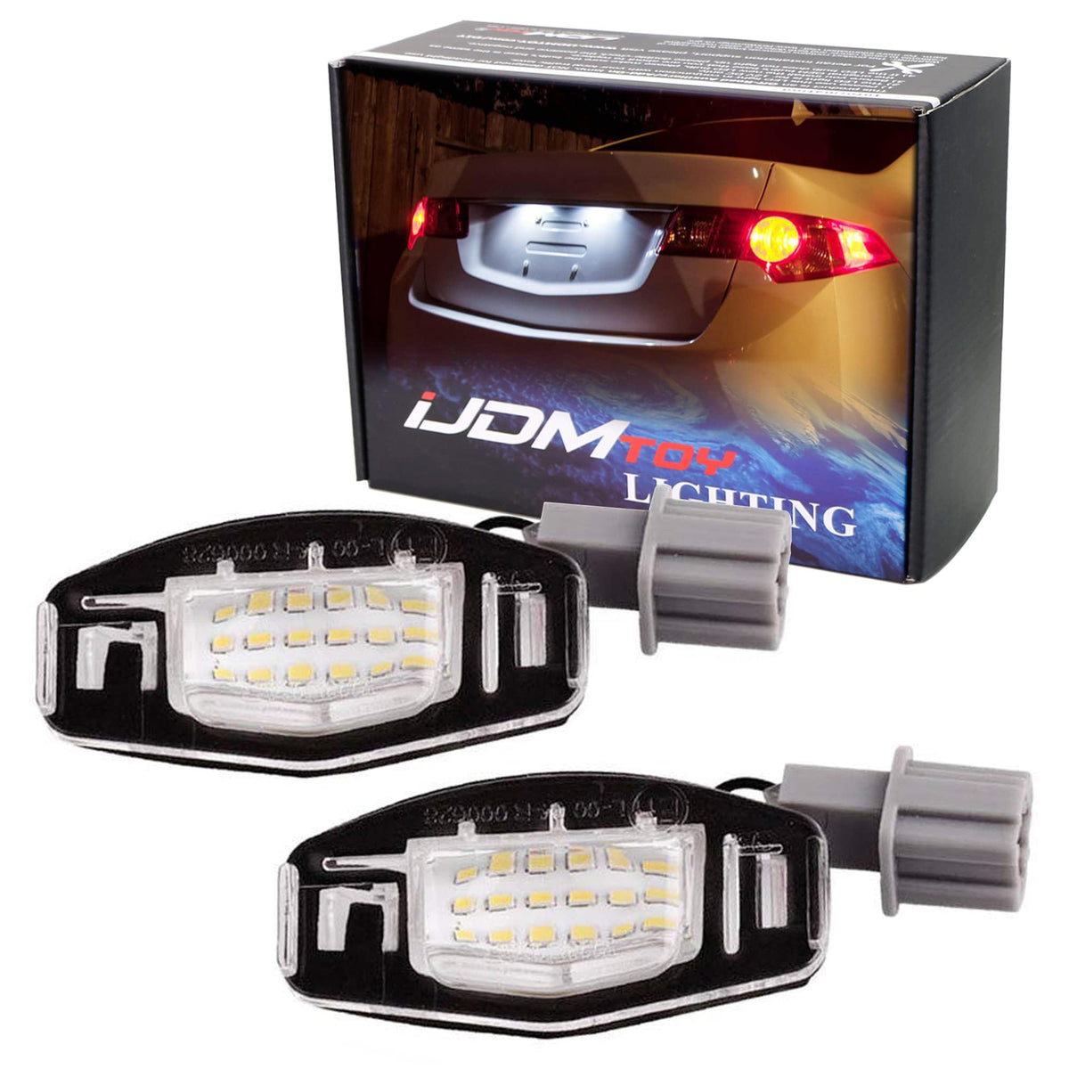 iJDMTOY front view of full LED license plate assembly shows bright xenon white benefit