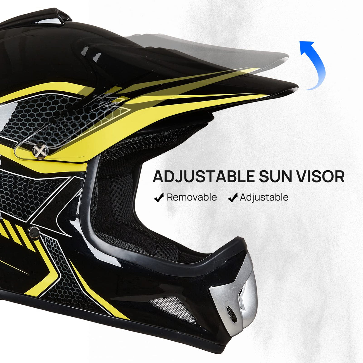 ILM helmet visor detail showing adjustable sunshade benefit