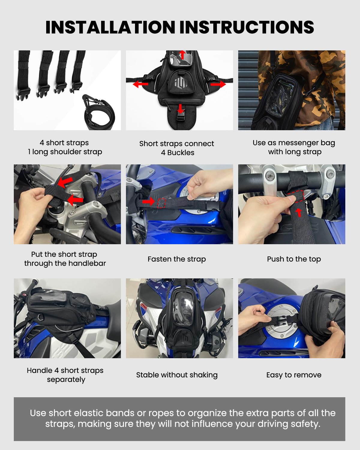 ILM tank bag mounted on motorcycle illustrating stable on-bike positioning