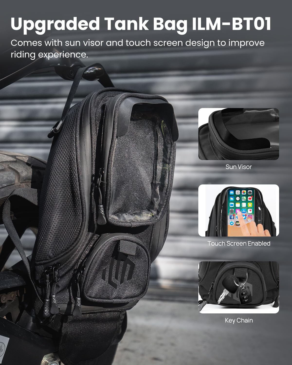 ILM clear touchscreen phone pouch on top letting rider view navigation while riding