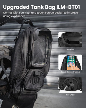 ILM clear touchscreen phone pouch on top letting rider view navigation while riding