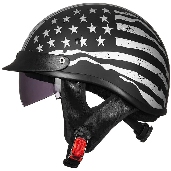 ILM helmet front view showing patriotic flag and secure fit benefit