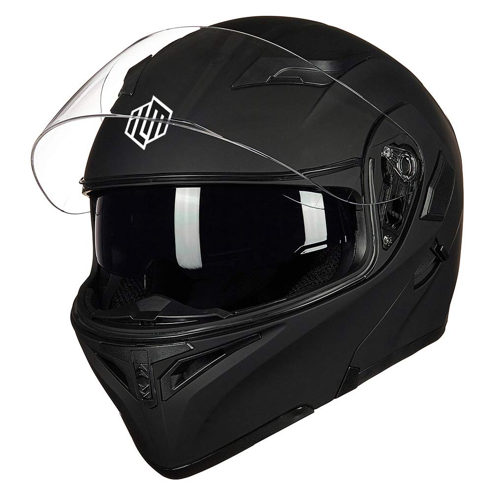 ILM helmet side profile with chin bar flipped up for hands-free convenience