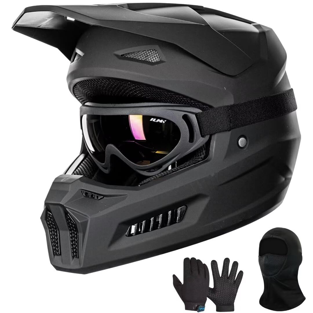 ILM helmet front view showing matte black finish and secure fit benefit