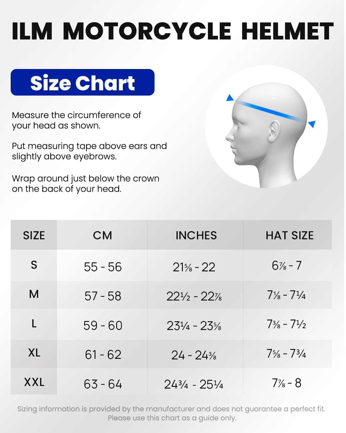 ILM WS901 next to helmet size chart mannequin illustrating correct fit