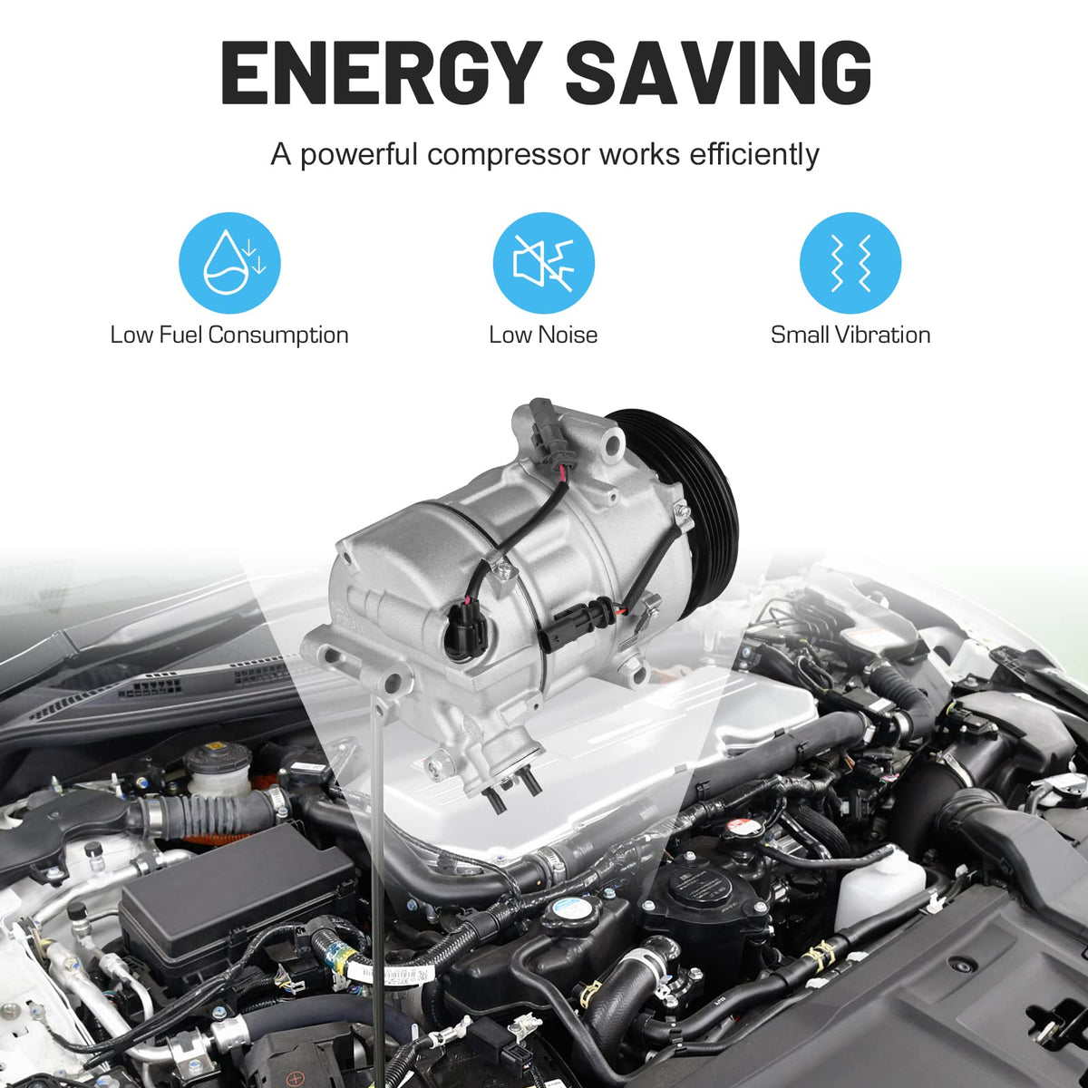 ILONPA compressor installed in engine bay demonstrating direct-fit replacement benefit