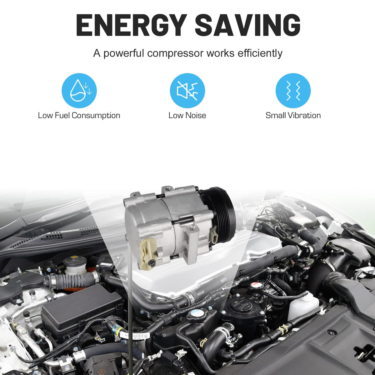 ILONPA compressor installed in engine bay demonstrating direct-fit replacement