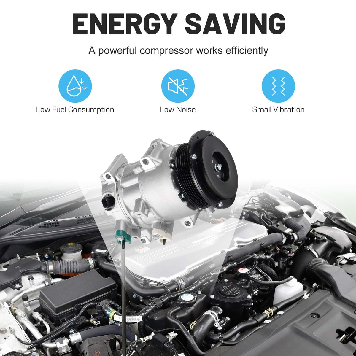 ILONPA compressor installed in engine bay demonstrating direct-fit replacement benefit