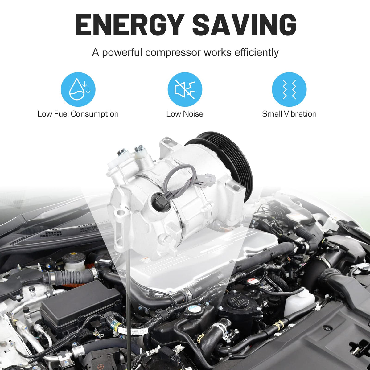 ILONPA compressor installed in engine bay showing direct-fit replacement and restored AC