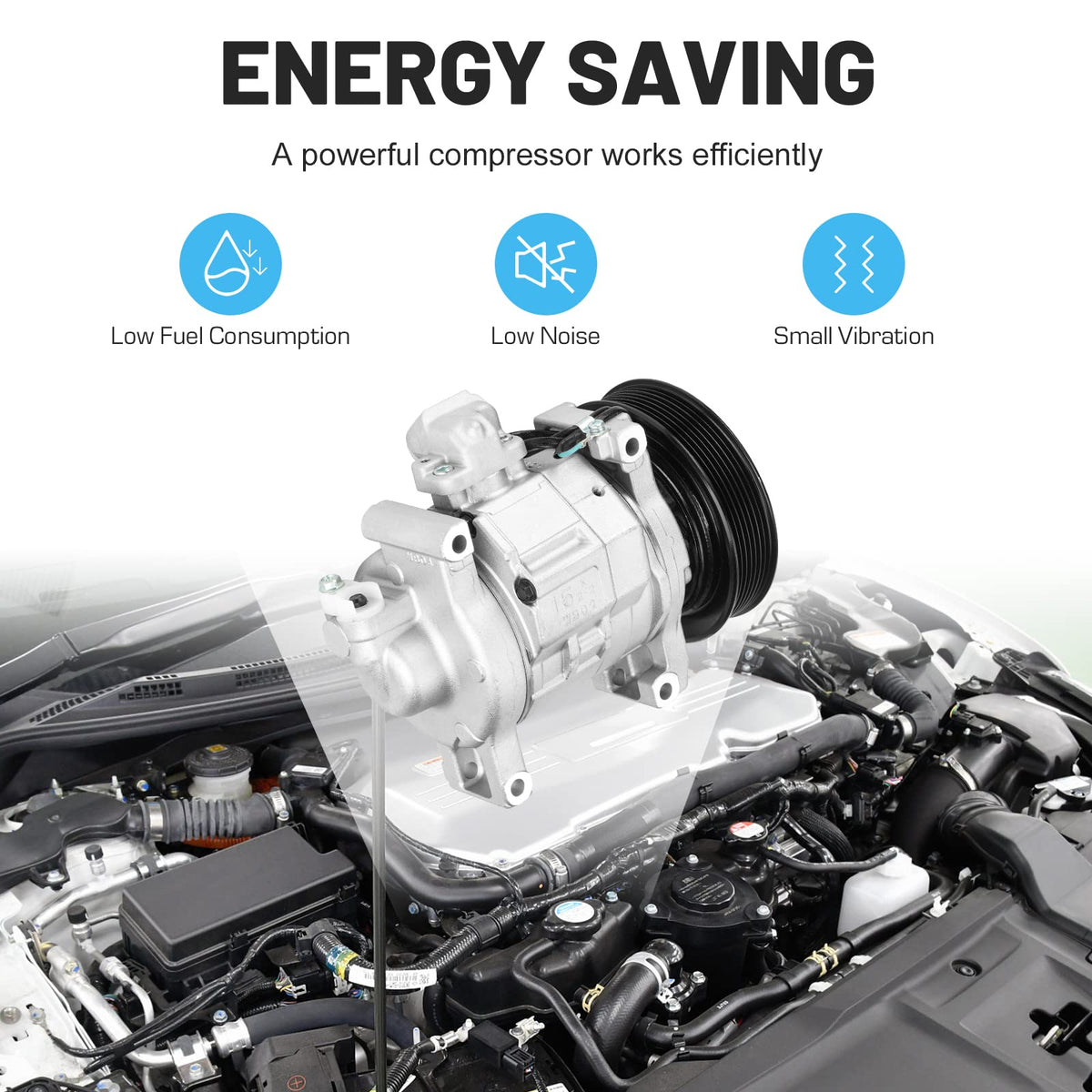 ILONPA compressor installed in a Honda engine bay demonstrating correct fit and space-saving design