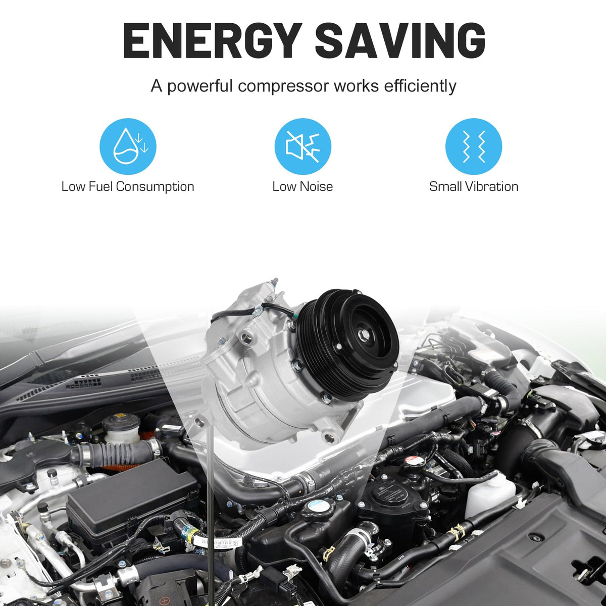 ILONPA compressor installed in an engine bay demonstrating direct-fit replacement