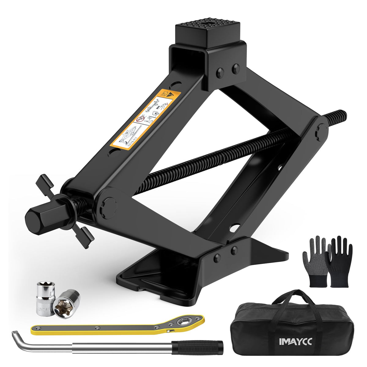 IMAYCC scissor jack front view showing compact portable design and trunk-ready benefit