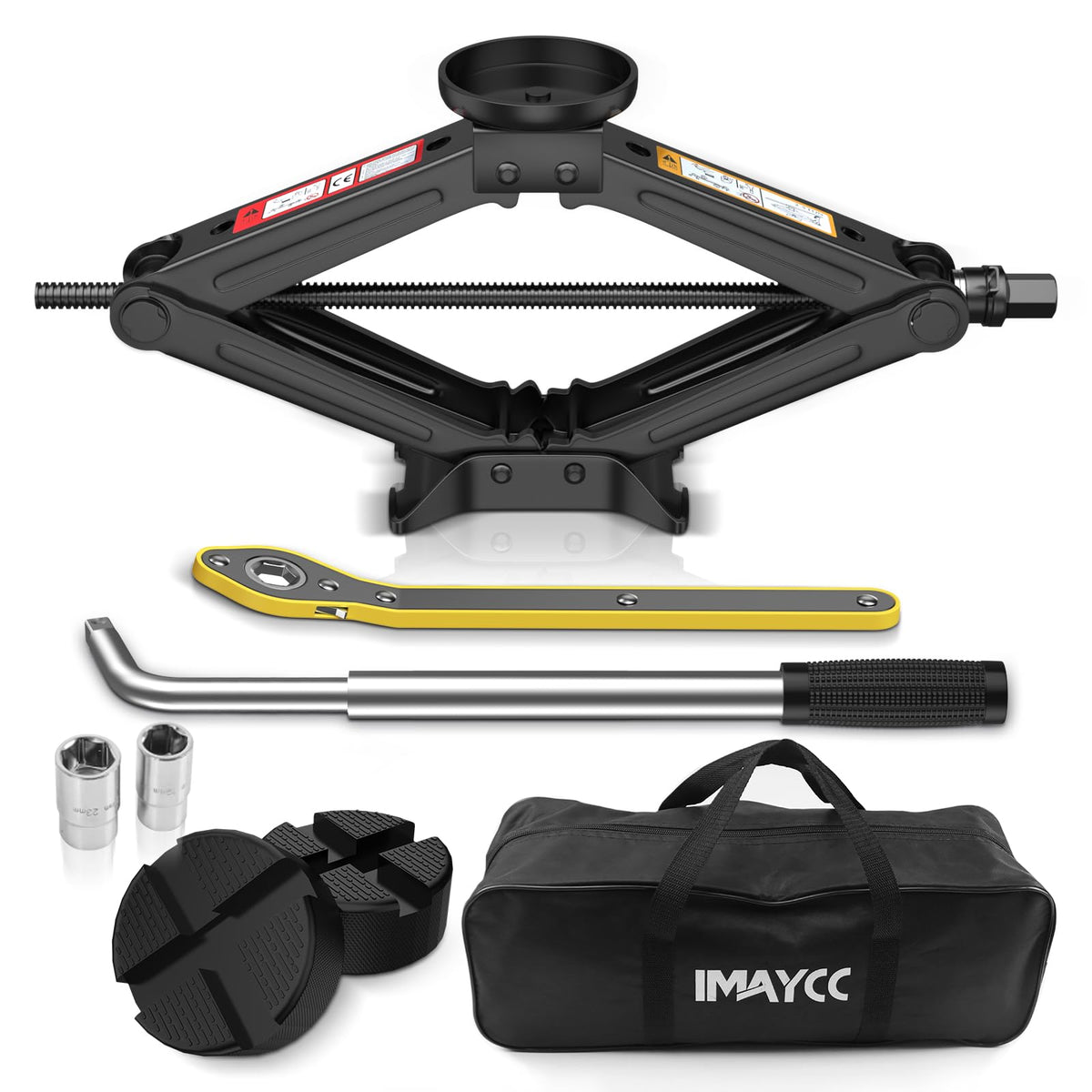 IMAYCC front view of kit showing compact, complete tire changing set and quick access