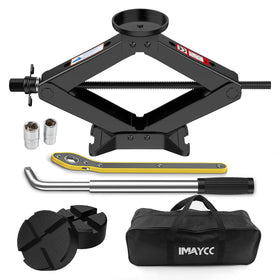 IMAYCC scissor jack front view showing compact design and robust frame for safety