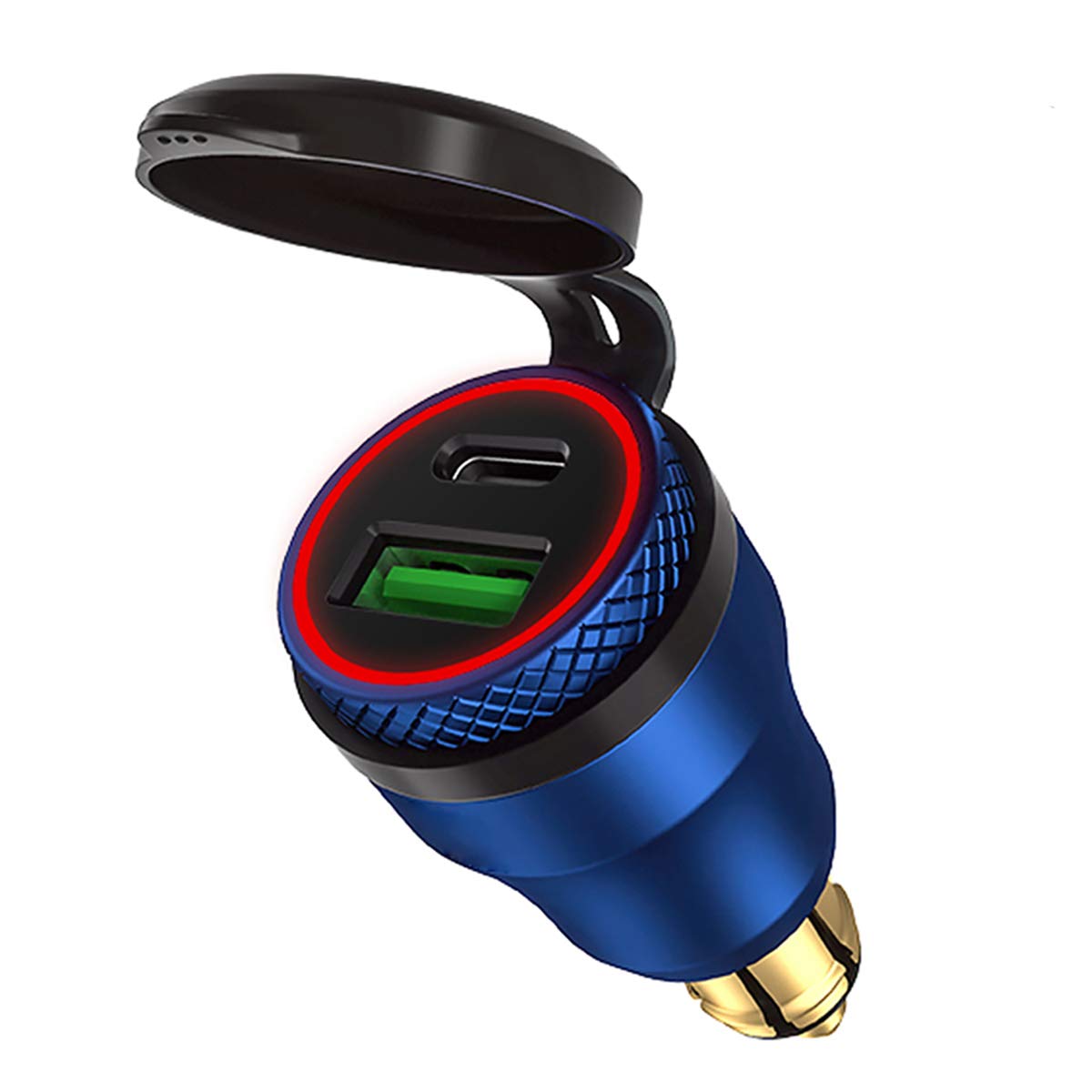 iMESTOU front view aluminum DIN charger showing dual USB ports, durable build and secure fit