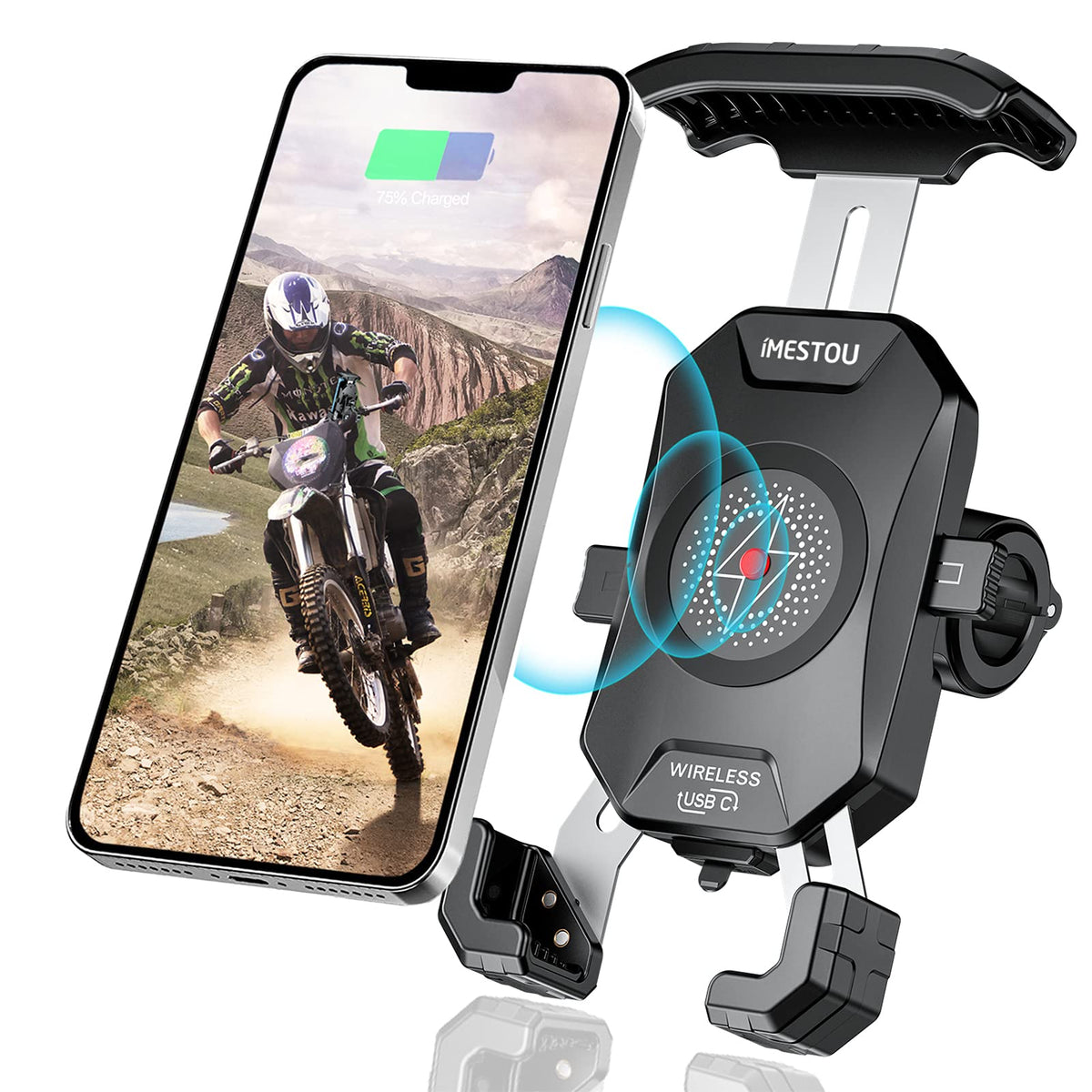 iMESTOU front view mounted on handlebar showing secure grip and charging