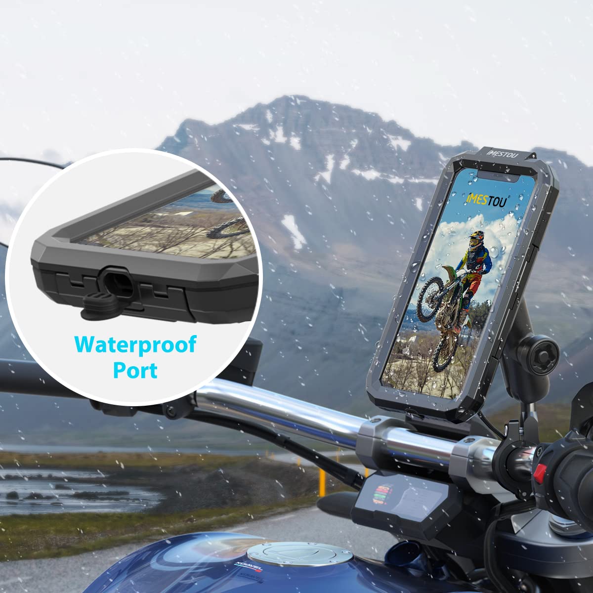 iMESTOU mounted on handlebars during ride for safe phone access