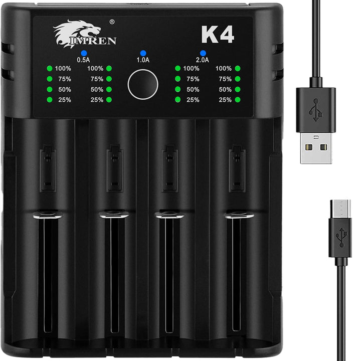 IMREN front view of 4-bay charger showing slots and brand for organized charging
