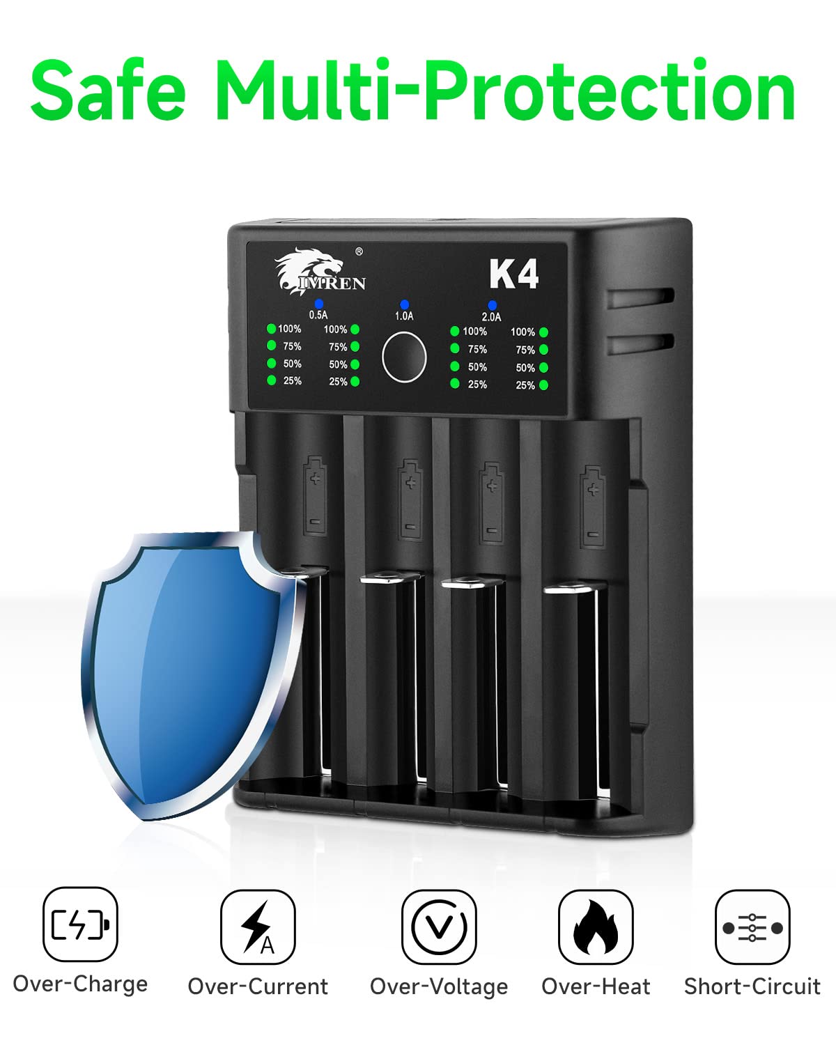 IMREN charger beside AA and 26650 batteries showing size compatibility and clarity