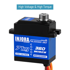 INJORA INJS2065-360 winch servo top view showing compact size and powerful 7kg torque