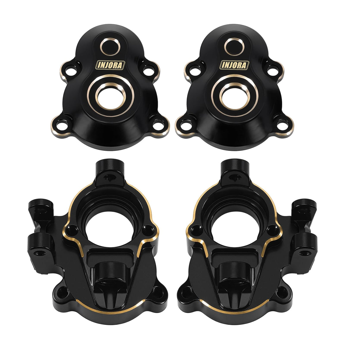 INJORA front-view steering knuckles showing durable brass finish and stronger control
