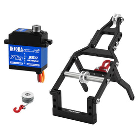 INJORA tow crane front assembly installed showing durable aluminum construction and scale realism