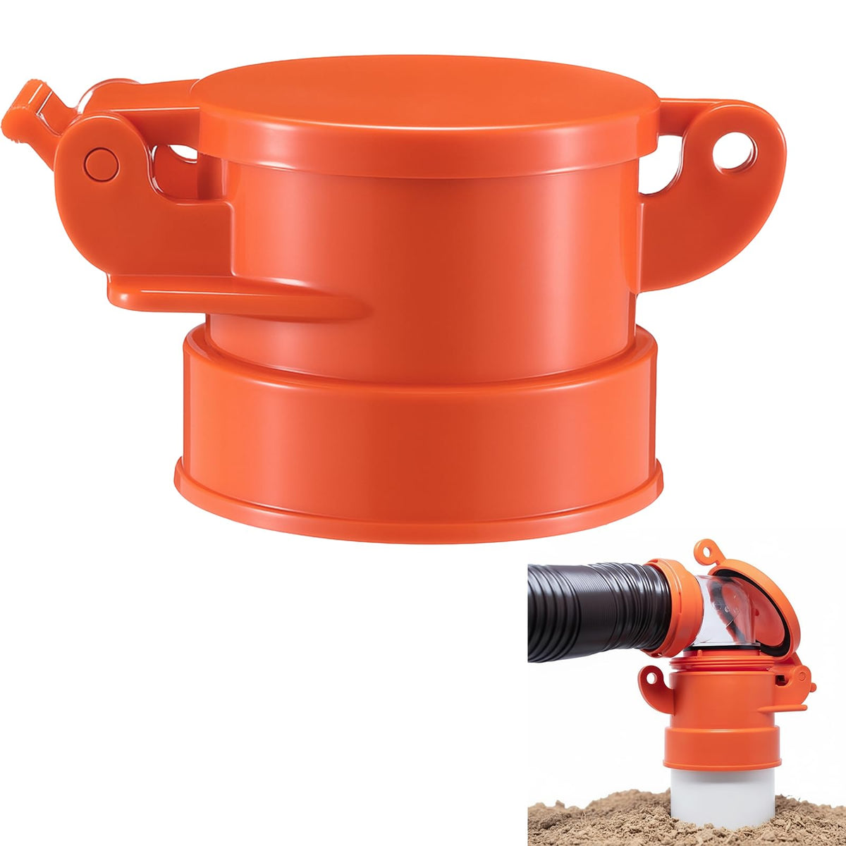 Innconee front view of orange 4-inch sewer cap showing secure closure benefit