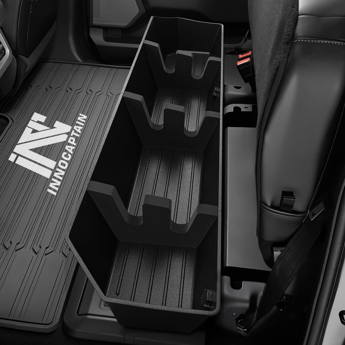 InnoCaptain front view of underseat box showing clean fit and storage benefit