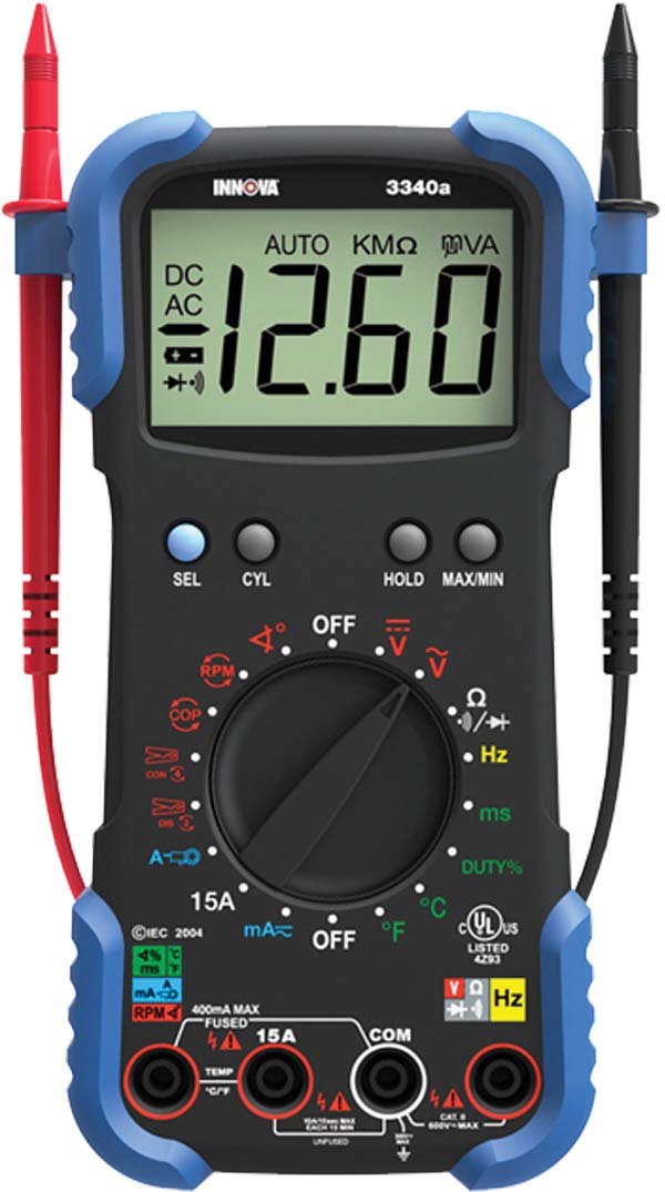 Innova 3340 rear panel and display highlighting measurement modes and safety info