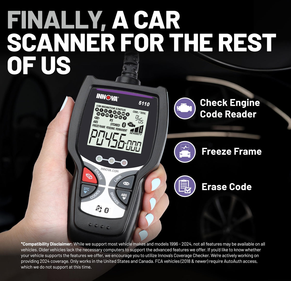 Innova 5110 close-up screen displaying diagnostic trouble codes clearly