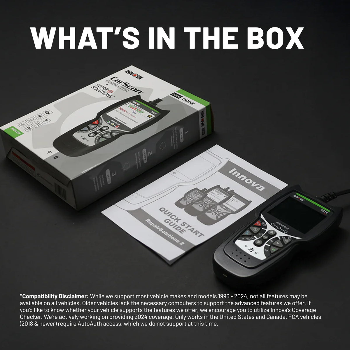Innova 5310 packaging and accessories laid out to show included items and readiness