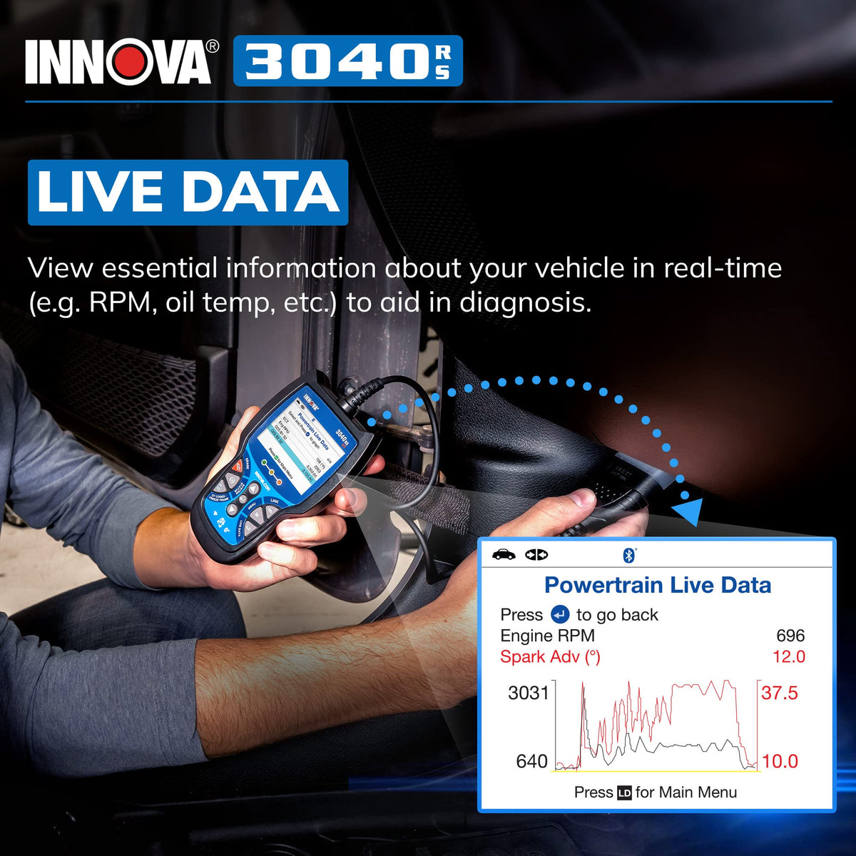 Innova 3040RS battery and alternator test screen verifying charging system health