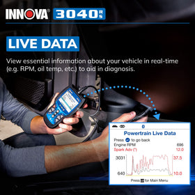 Innova 3040RS battery and alternator test screen verifying charging system health