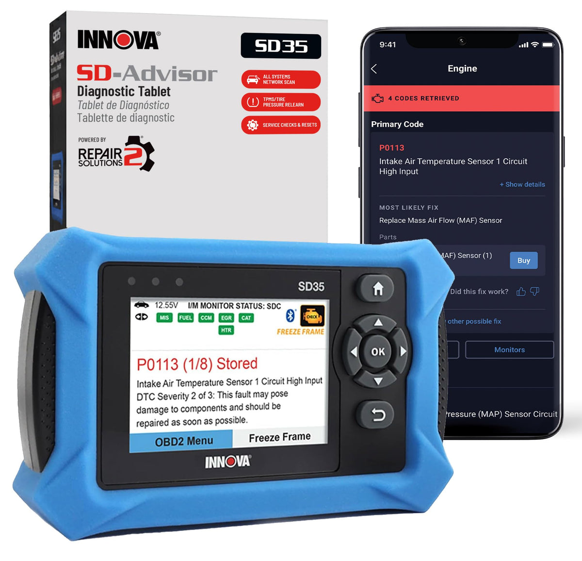 Innova SD35 front display showing diagnostic menu for quick troubleshooting