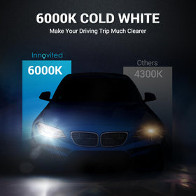 Innovited D1S beam pattern on a dark road demonstrating brighter cool-white illumination