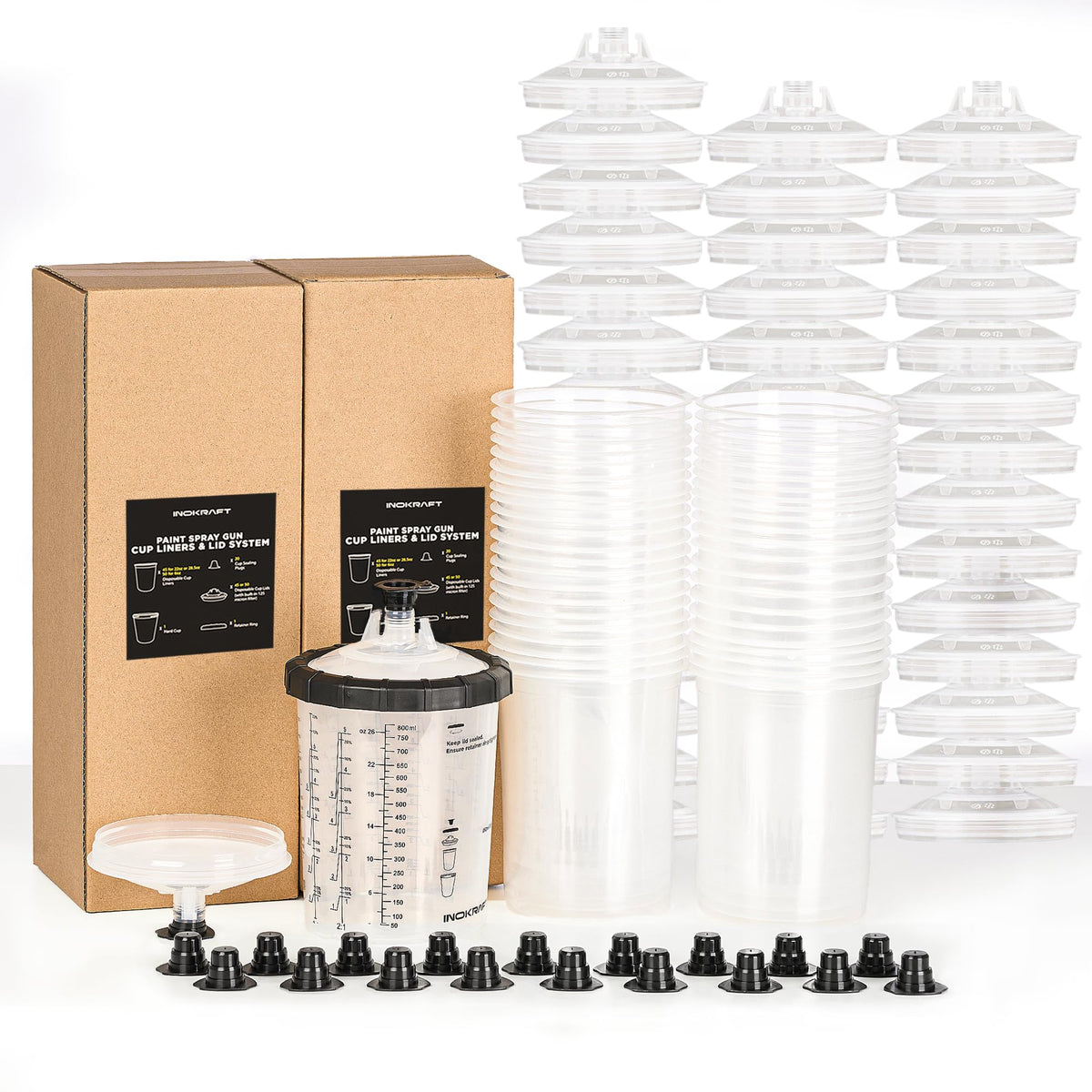 InoKraft front view of full kit showing cup, liners and plugs for hassle-free cleanup