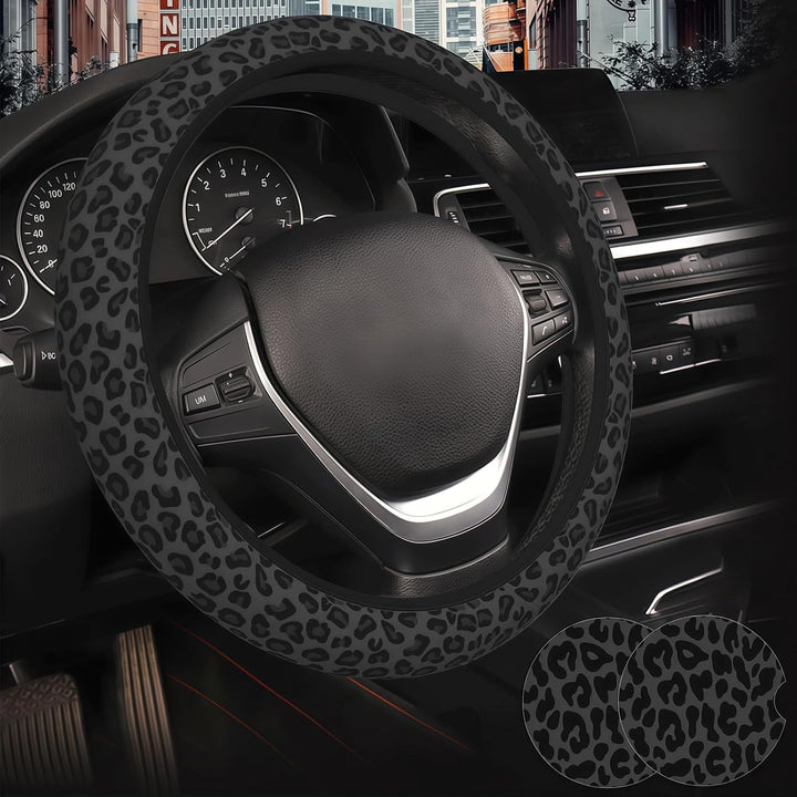 INROAN front view of steering wheel cover showing bold leopard print and fit benefit