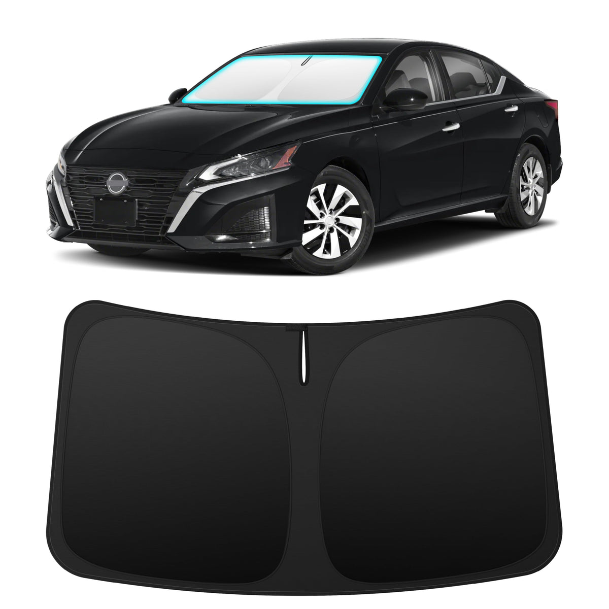 INSAUTO front view of shade showing precise Altima fit protecting windshield