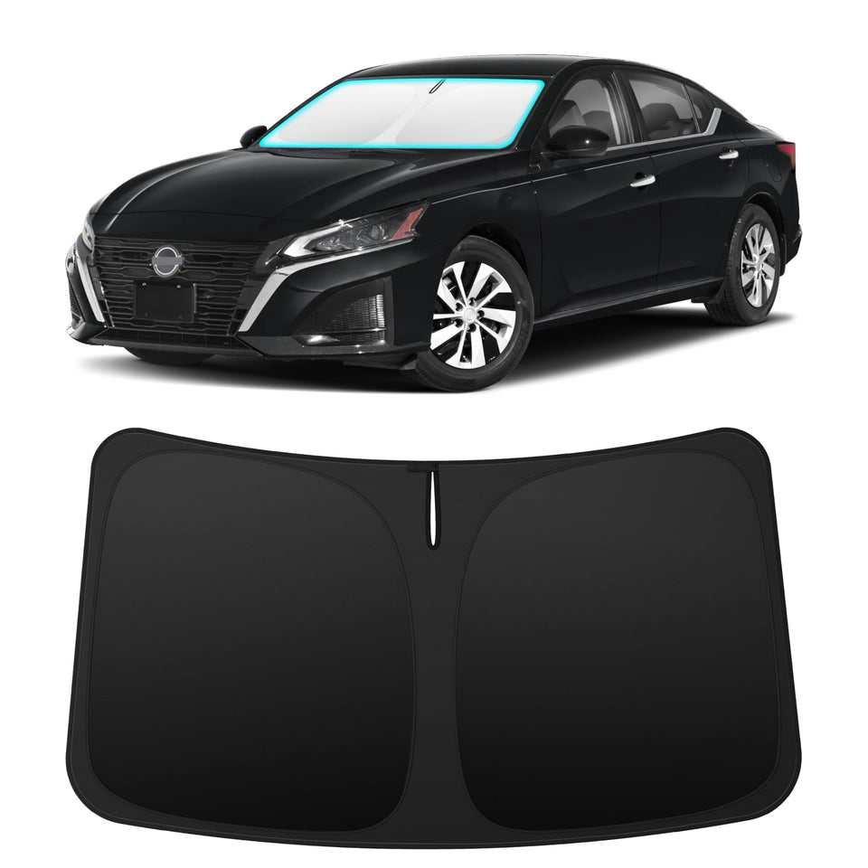 INSAUTO front view of shade showing precise Altima fit protecting windshield
