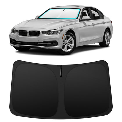 INSAUTO front view of custom-fit shade showing full windshield coverage benefit