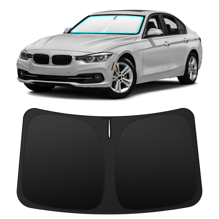 INSAUTO front view of custom-fit shade showing full windshield coverage benefit