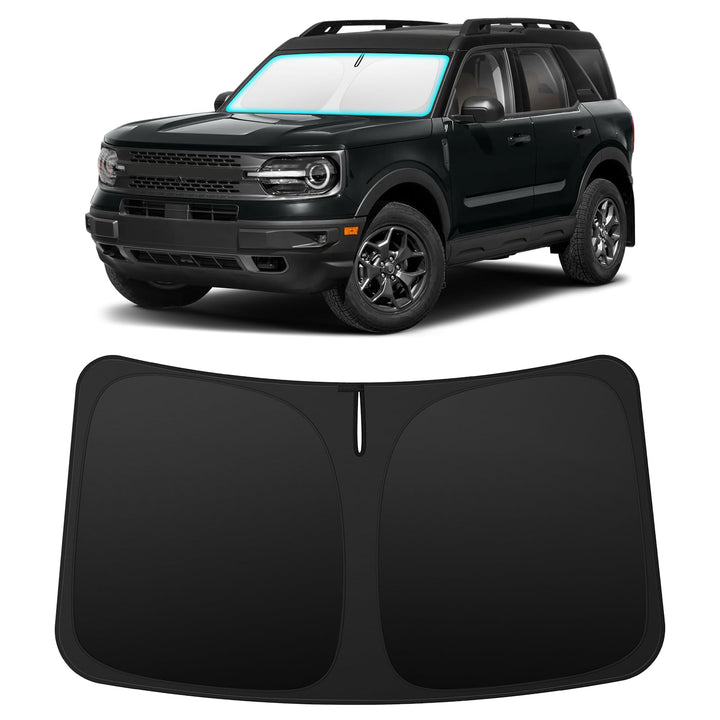 INSAUTO front view installed on Bronco Sport windshield showing full coverage and cooling benefit
